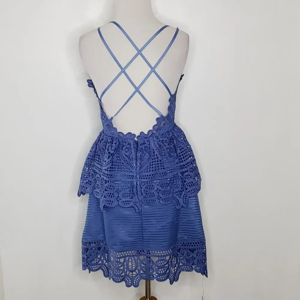 NEW self-portrait Lace Peplum Dress Blue Plunging Neck Revolve Women 2 - Picture 4 of 15